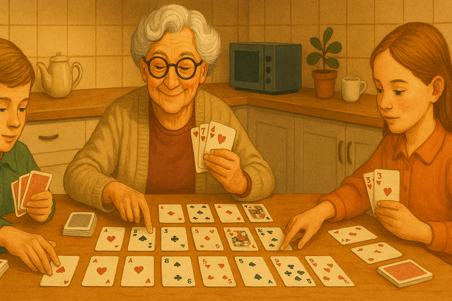 Illustrated grandma teaching solitaire at the table